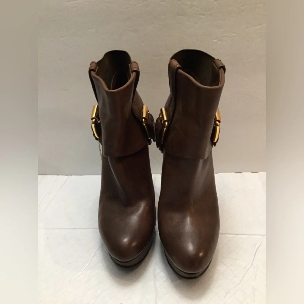 Donald J. Pliner Brown Leather Ankle Booties with Gold Buckle
